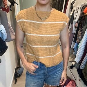 Madewell mustard striped short sleeve sweater with button back